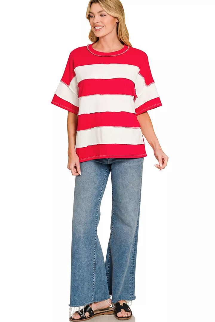 Striped French terry exposed seam short sleeve top