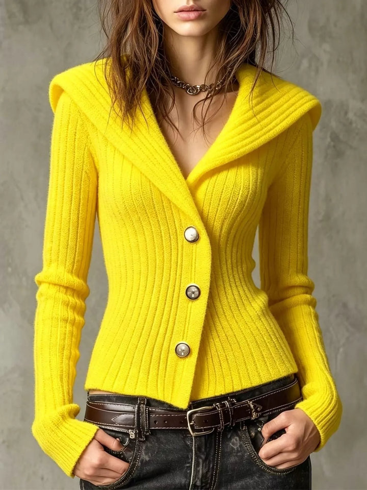 Canary Yellow Ribbed knit shawl collar button-down cardigan