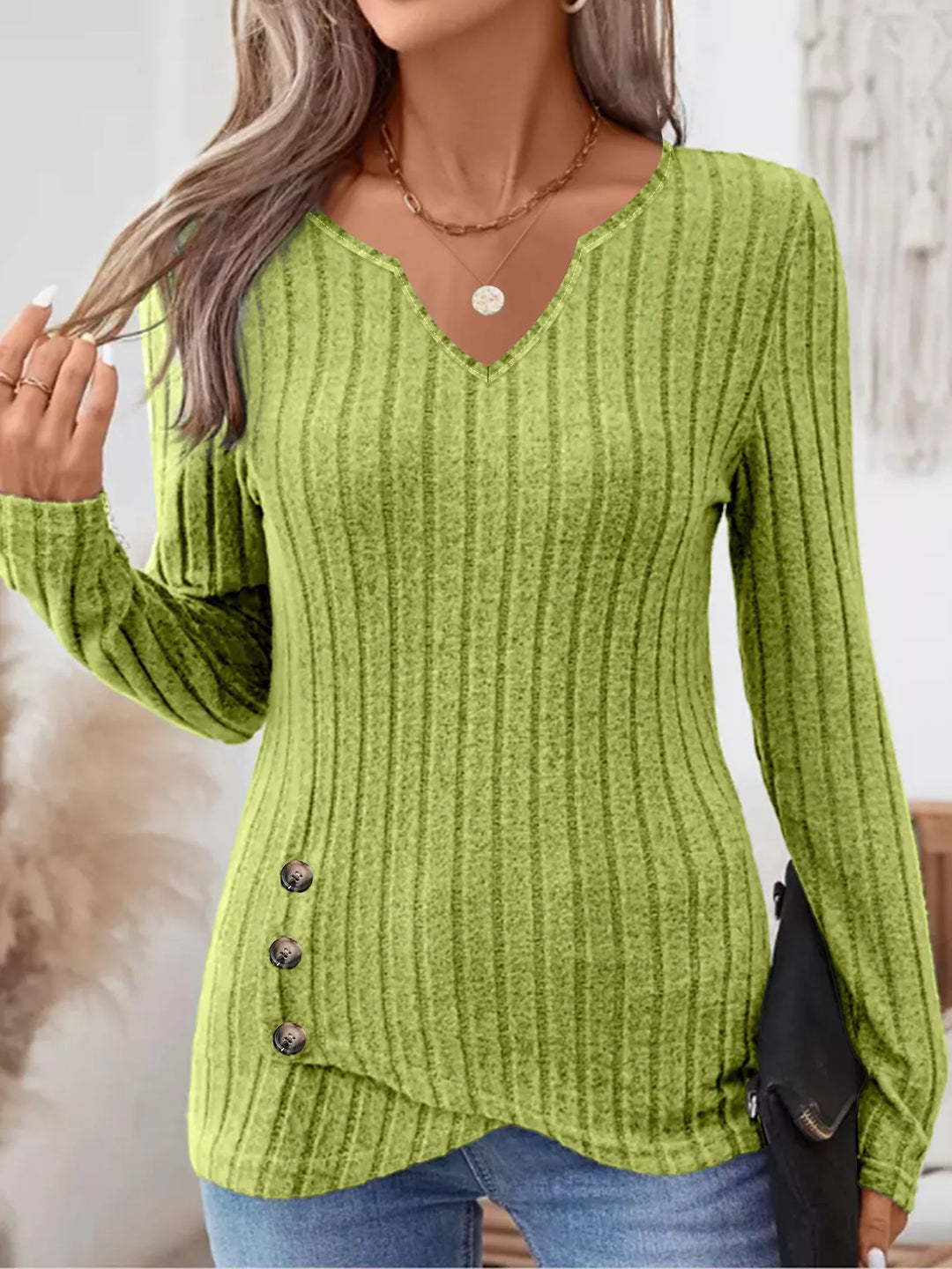 Sage Ribbed knit notched-neck long sleeve top with side buttons