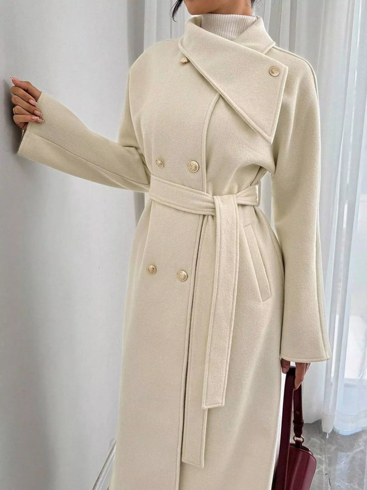 Double-breasted belted longline coat with stand collar