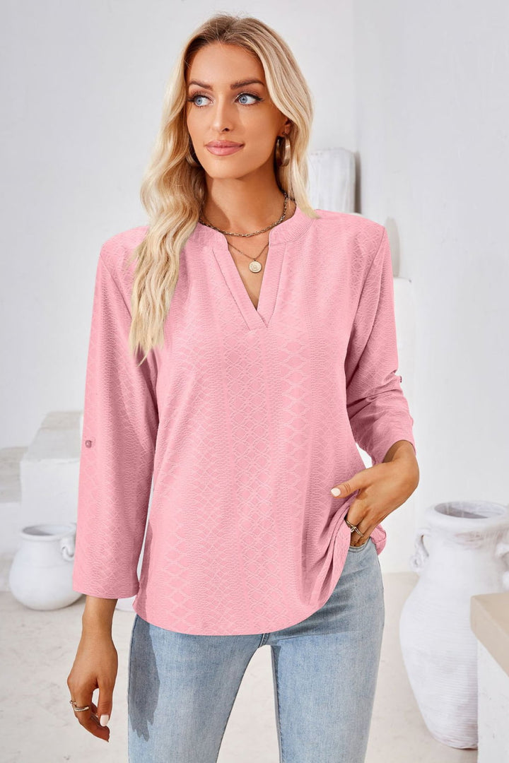 Pink Textured split v-neck blouse with roll-tab sleeves