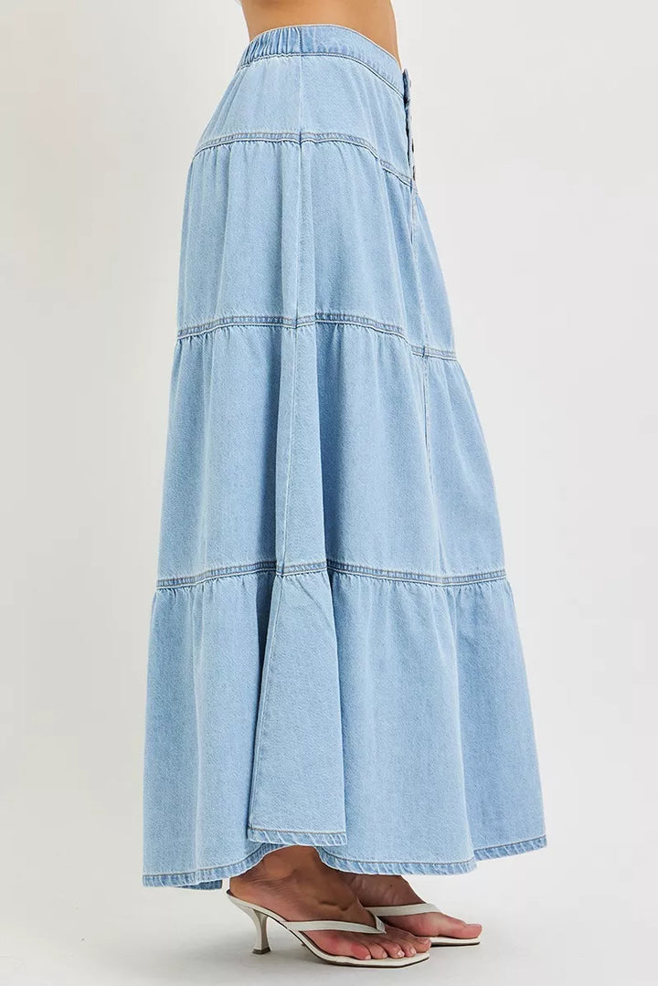High-rise tiered denim maxi skirt with button-front