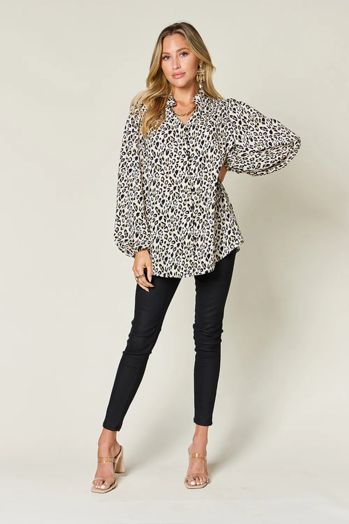 Leopard print button-front long sleeve tunic blouse