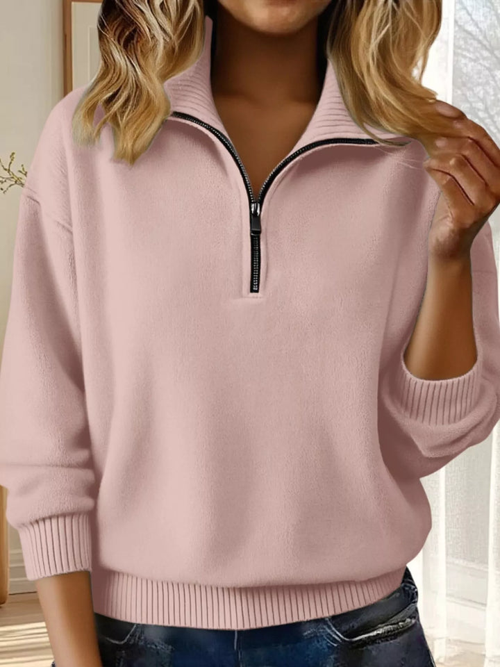 Pink Half-zip dropped-shoulder knit sweater with ribbed collar