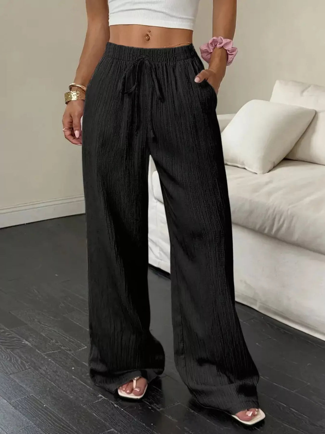 Black Crinkle cotton wide-leg drawstring pants with side pockets