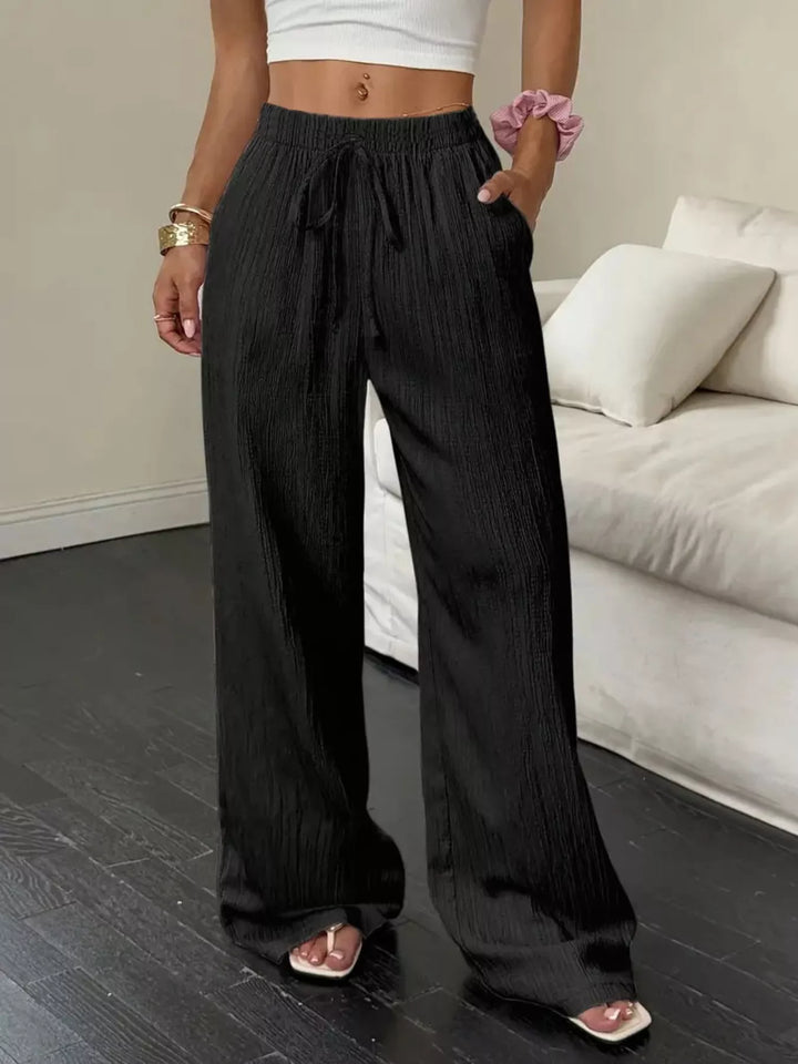 Black Crinkle cotton wide-leg drawstring pants with side pockets