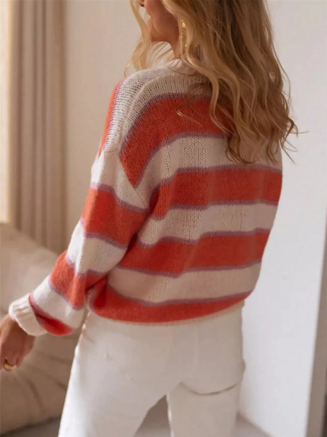 Striped dropped-shoulder crewneck knit sweater