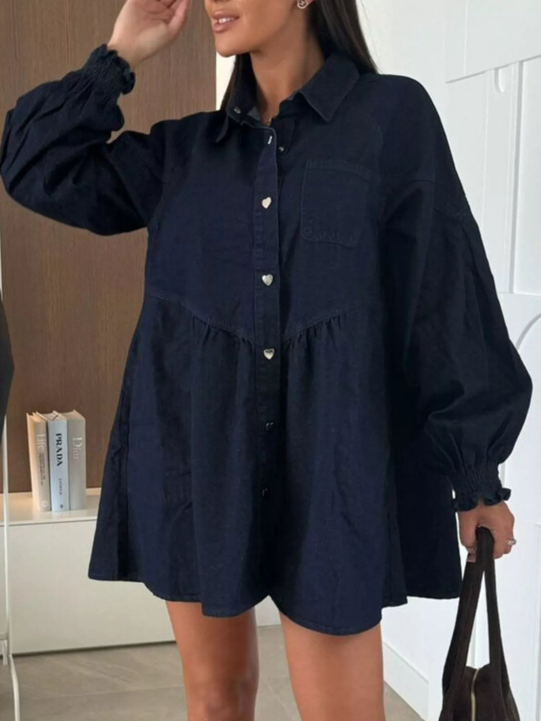 Button-down denim shirt dress with puff sleeves and pockets