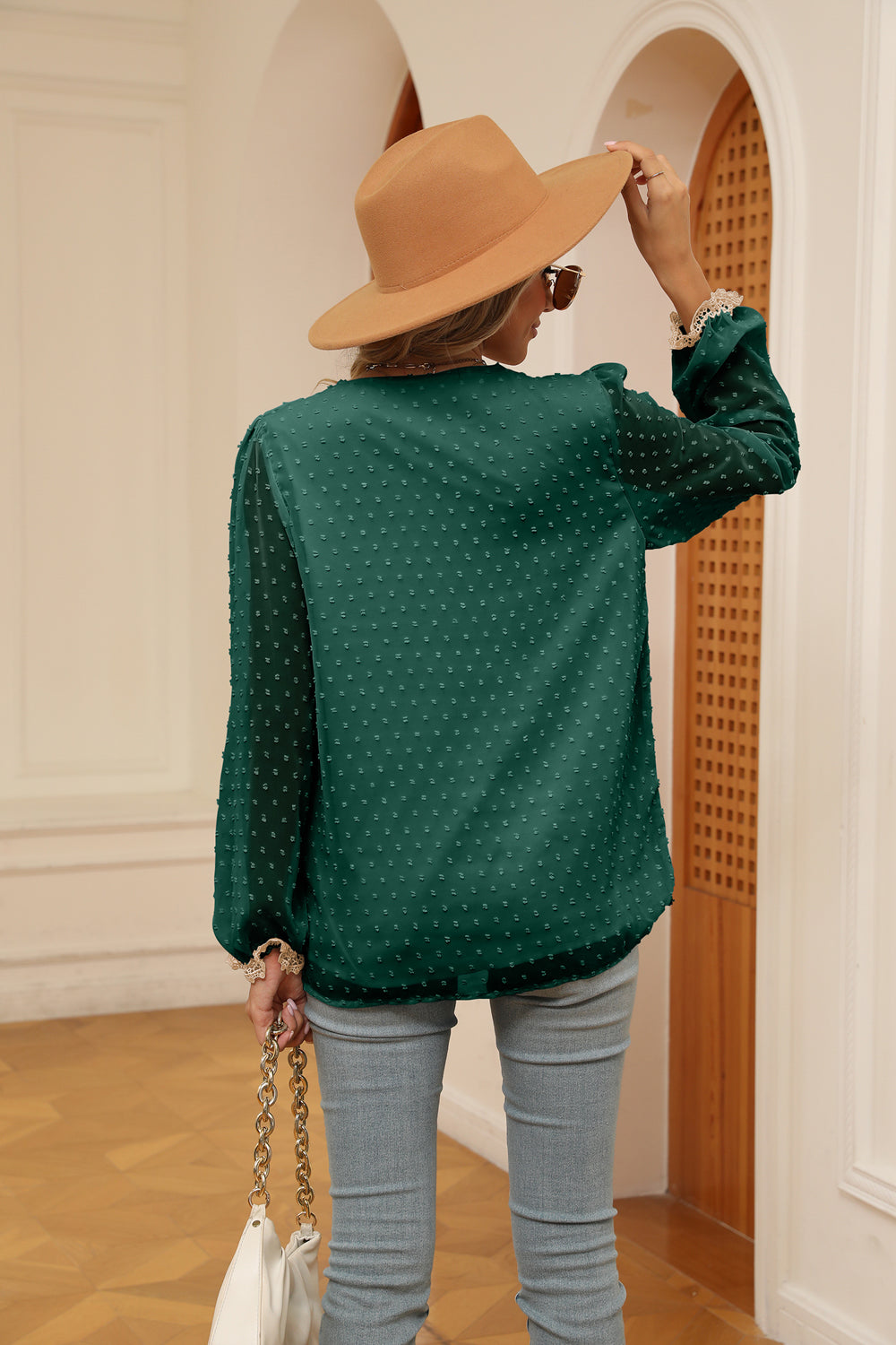 Swiss dot V-neck blouse with crochet lace trim and cuffs
