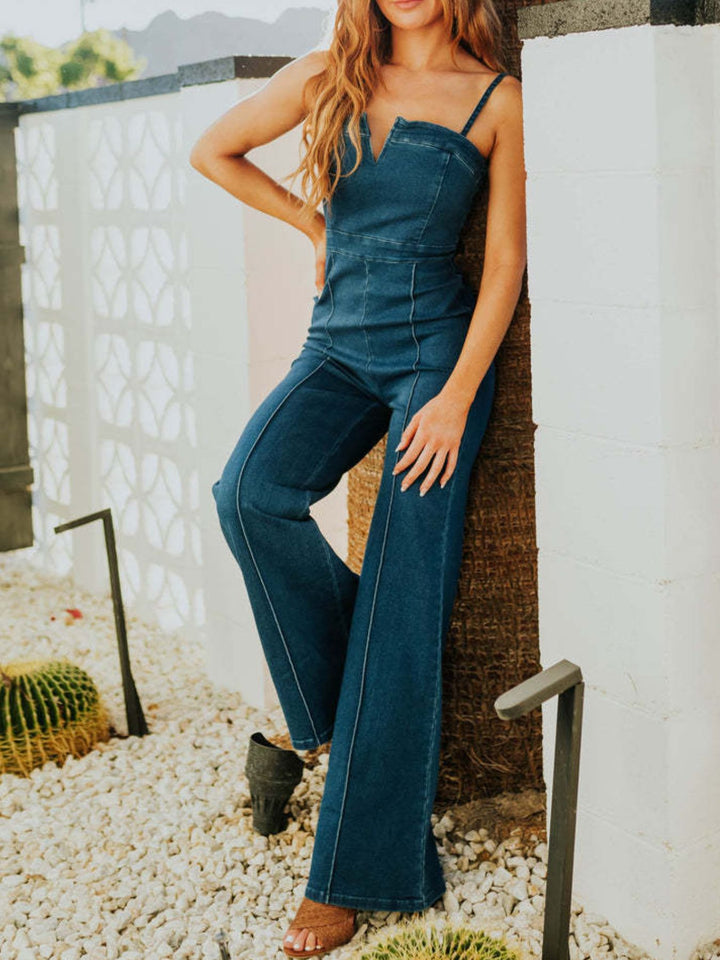 Strapless wide-leg denim jumpsuit with notched bodice