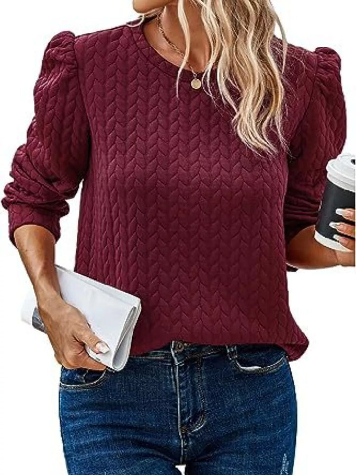 Burgundy Textured cable-knit puff sleeve pullover top