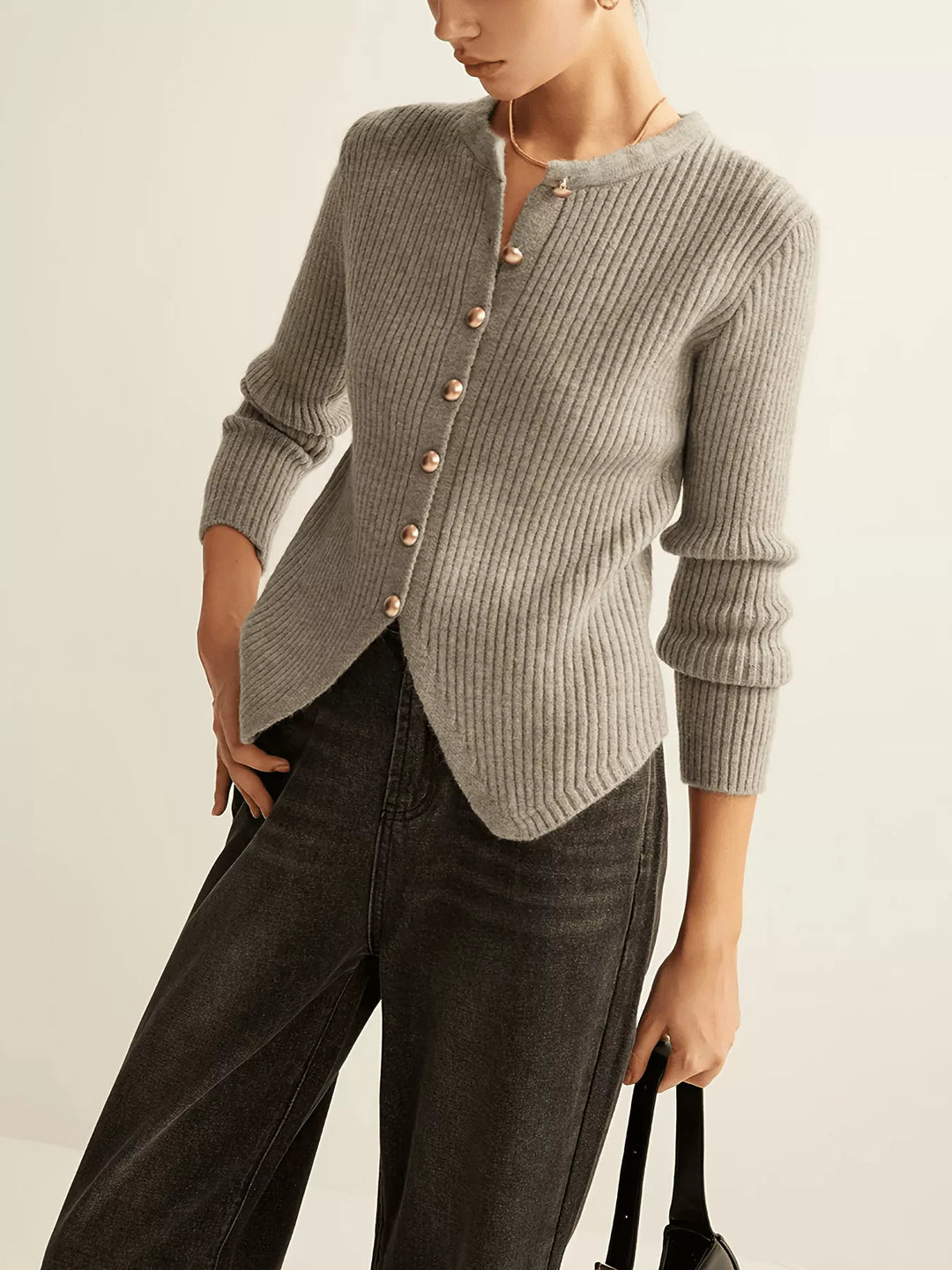Ribbed knit button-down cardigan with gold buttons