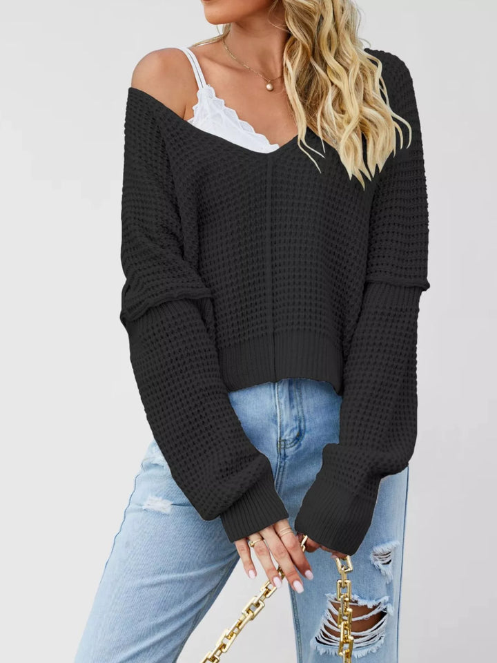 Black Waffle knit drop shoulder sweater with ribbed cuffs