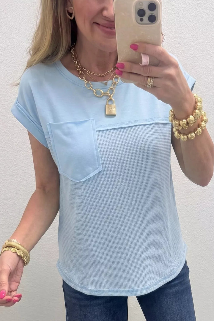 Waffle knit pocket tee with cuffed short sleeves