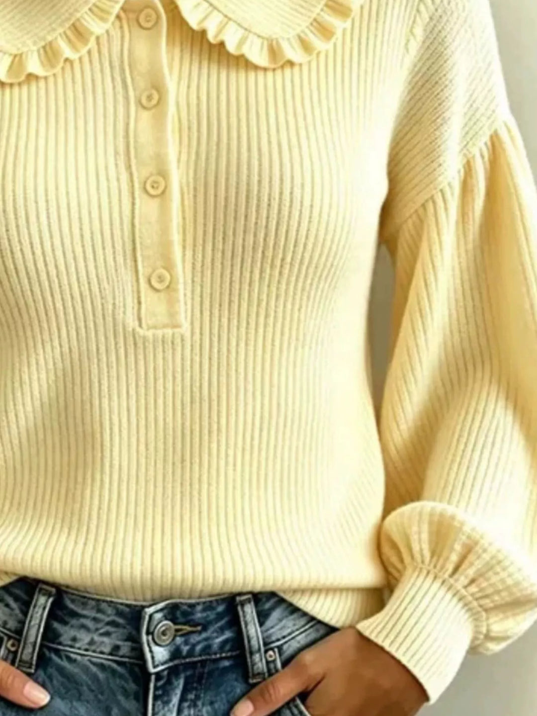 Ruffle collar ribbed knit sweater with button placket