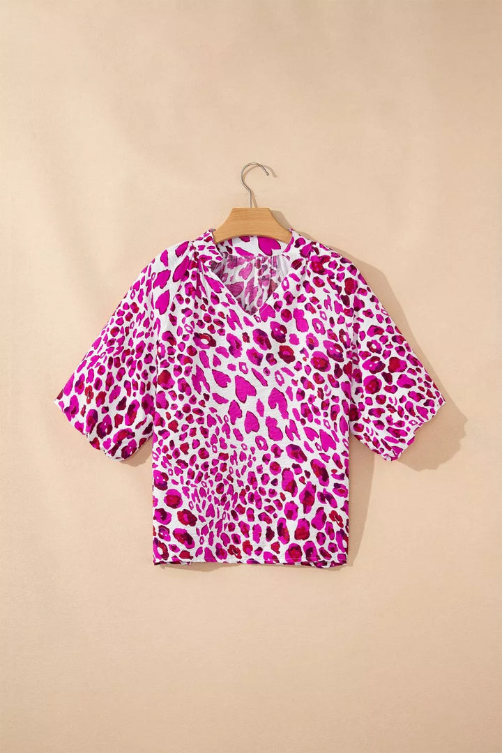 Leopard print V-neck blouse with puff sleeves