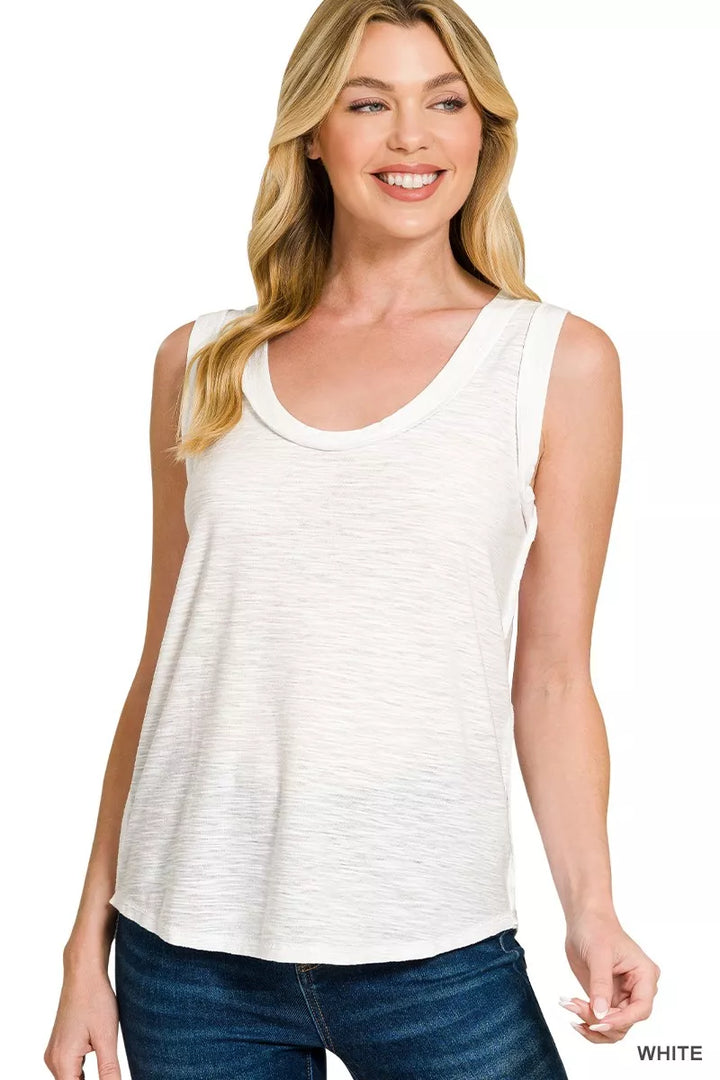 WHITE Slub knit scoop neck tank with raw-edge trim