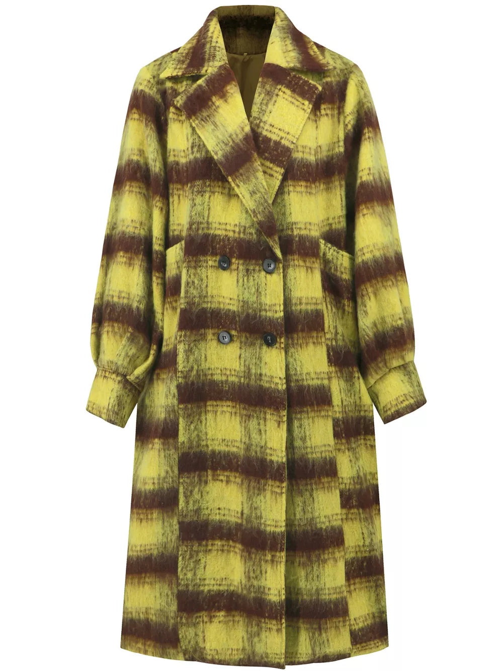 Plaid double-breasted longline coat with notch lapel
