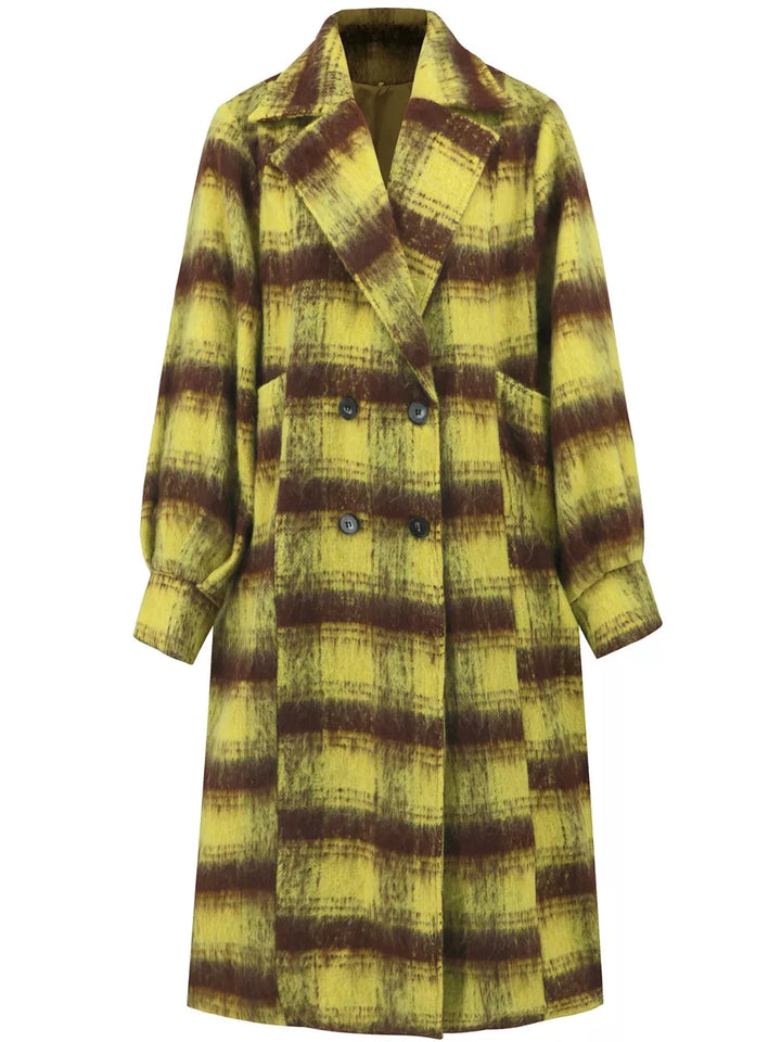 Plaid double-breasted longline coat with notch lapel