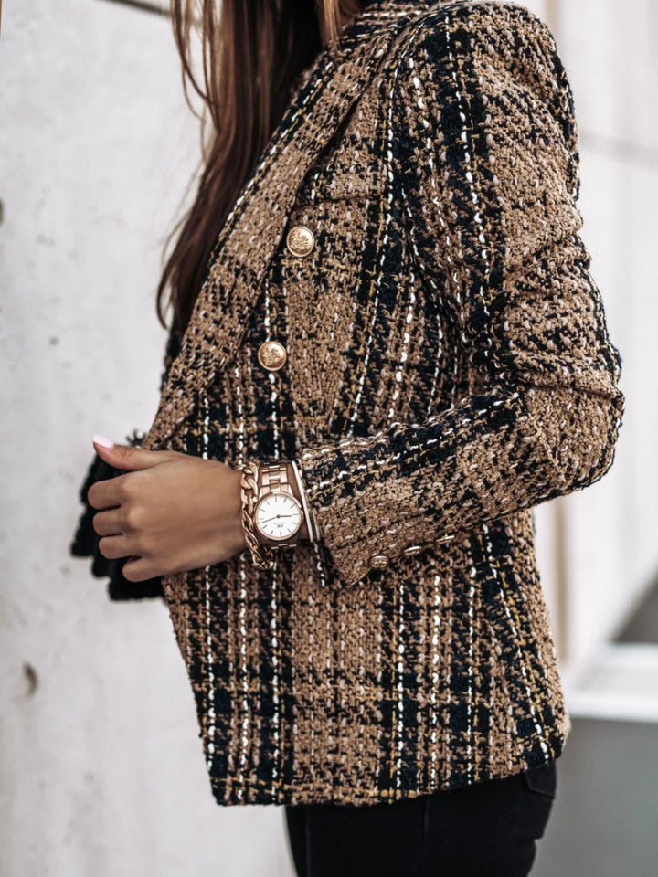 Plaid tweed double-breasted blazer with gold buttons