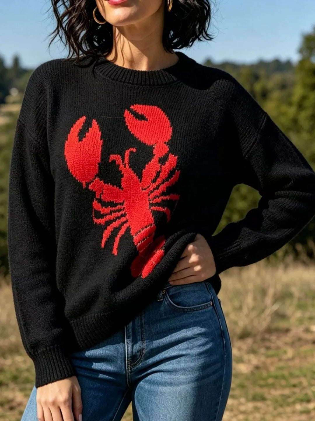 Black Lobster intarsia knit crew neck sweater with ribbed trim