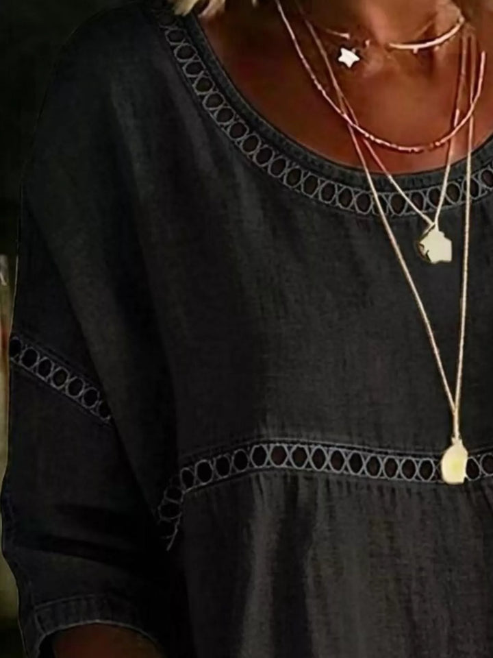 Floral print crochet-trim tunic top with 3/4 sleeves