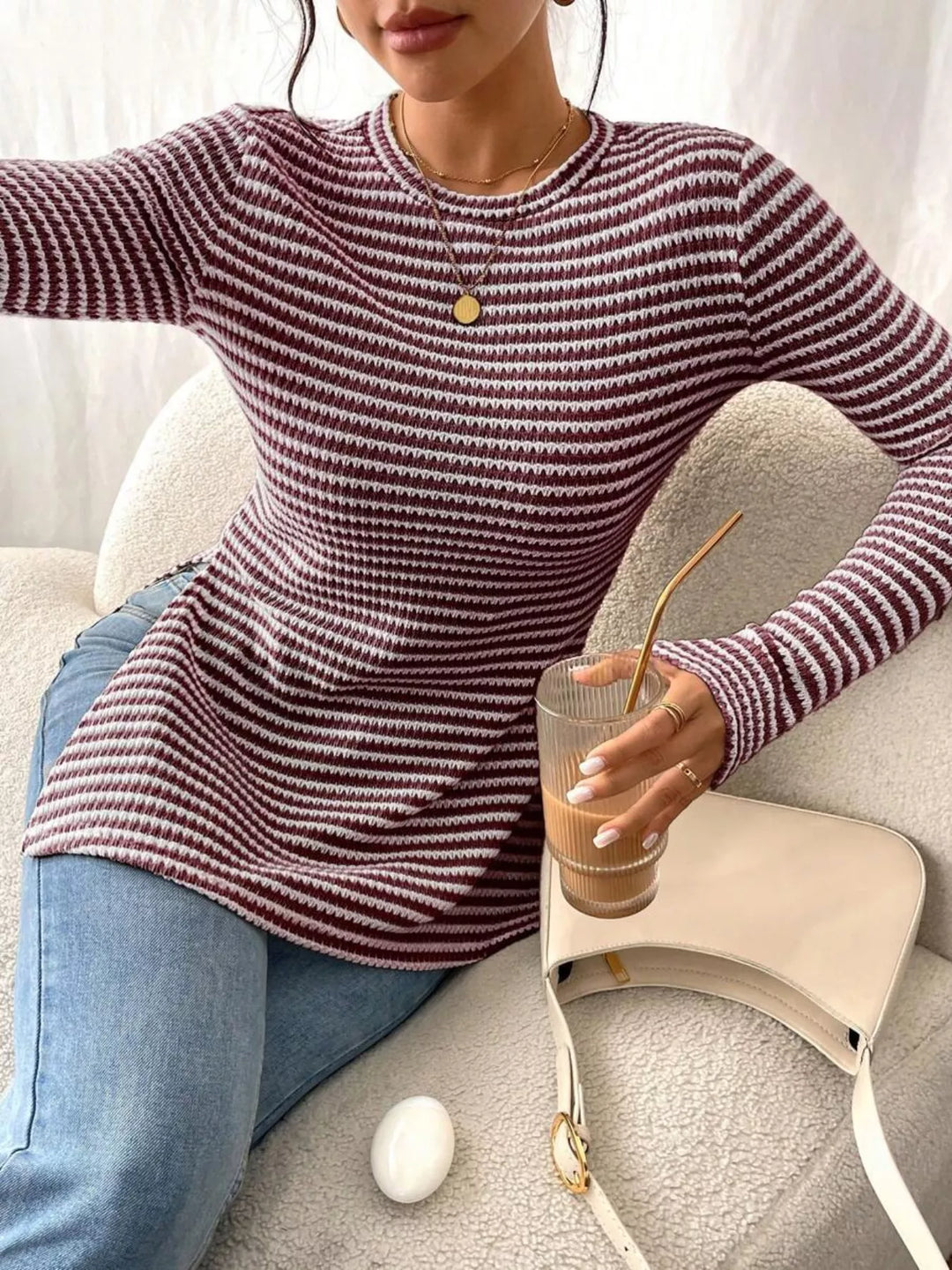 Slit-hem striped textured knit long sleeve top