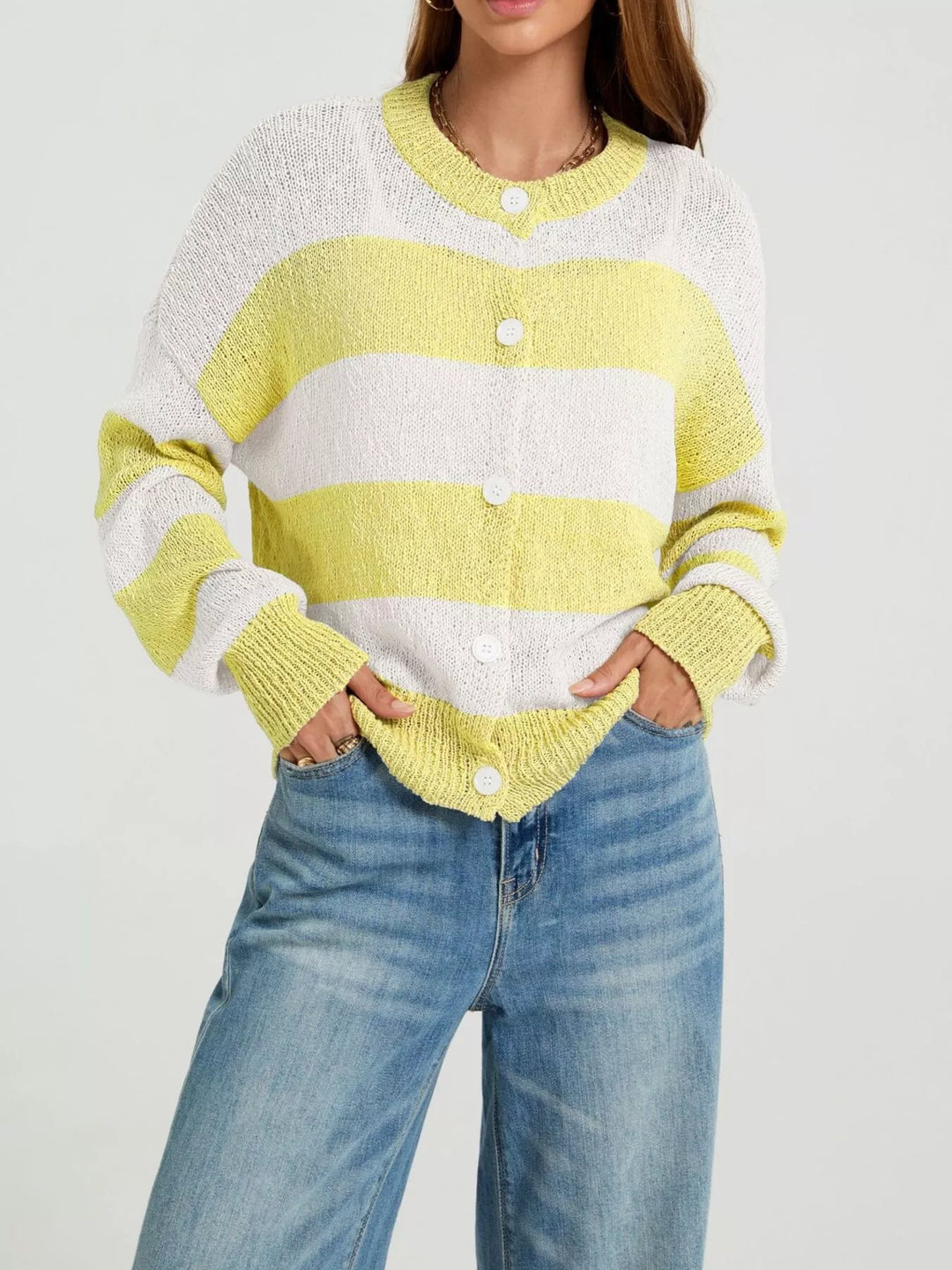 Yellow Wide stripe button-down knit cardigan with ribbed trim
