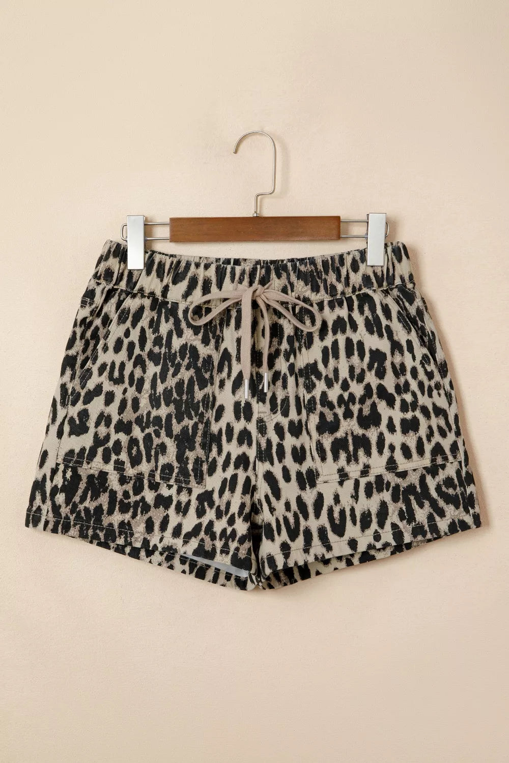Leopard print drawstring elastic waist denim shorts