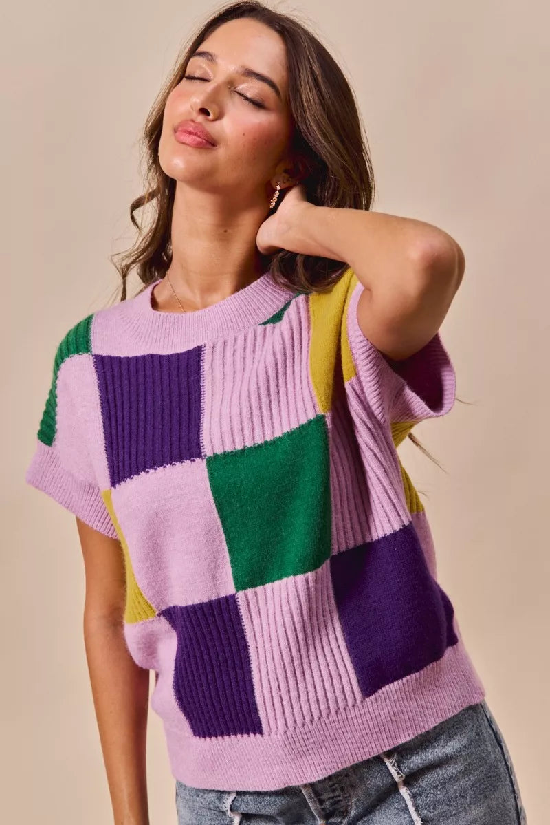 Checkerboard color-block short sleeve sweater top
