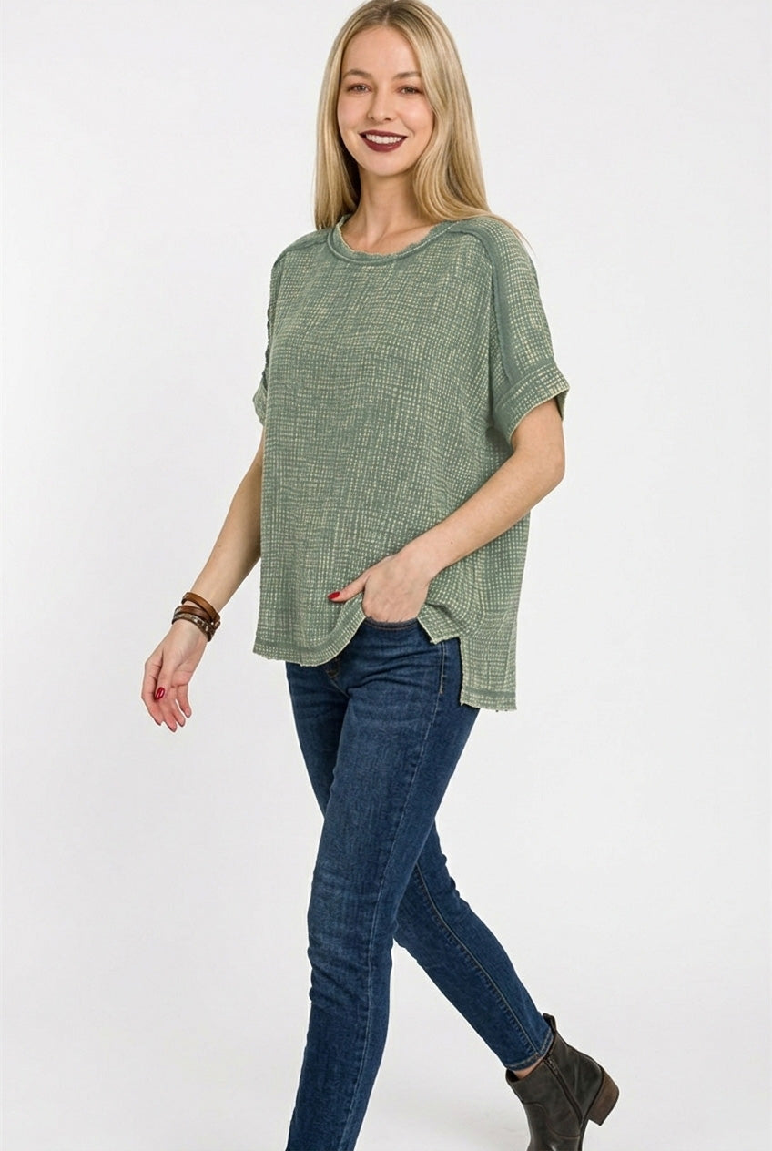 Acid-wash double gauze boxy round-neck tee