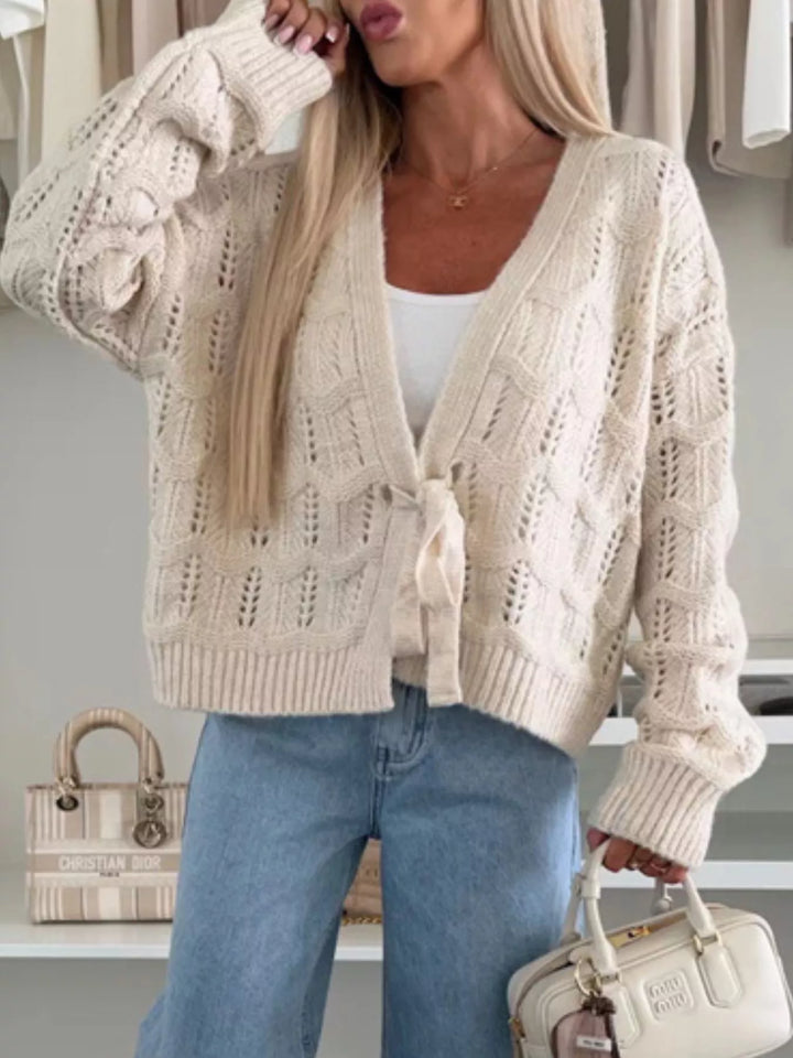 Openwork tie-front cropped knit cardigan