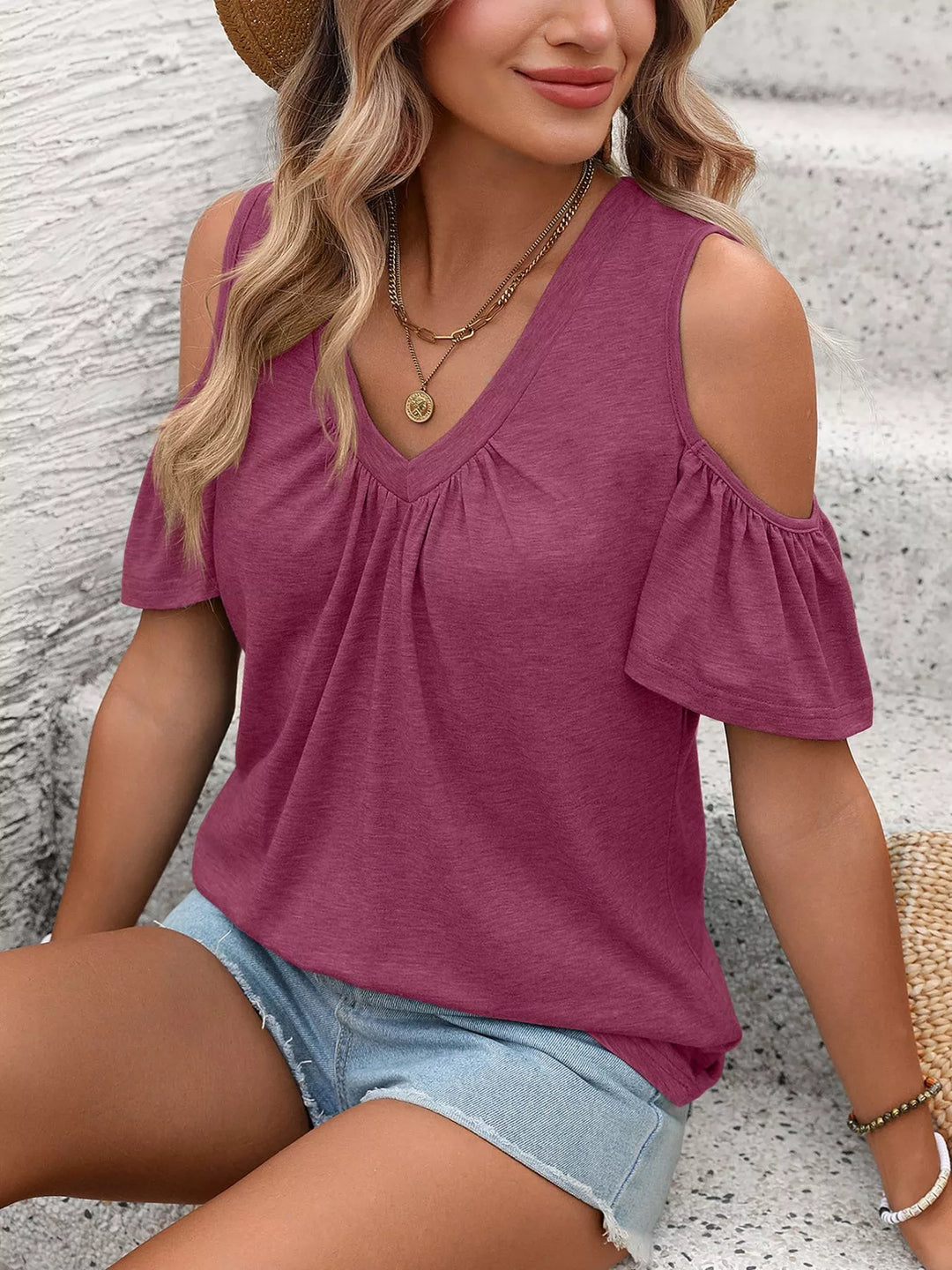 Cold shoulder V-neck top with ruched chest and ruffle sleeves