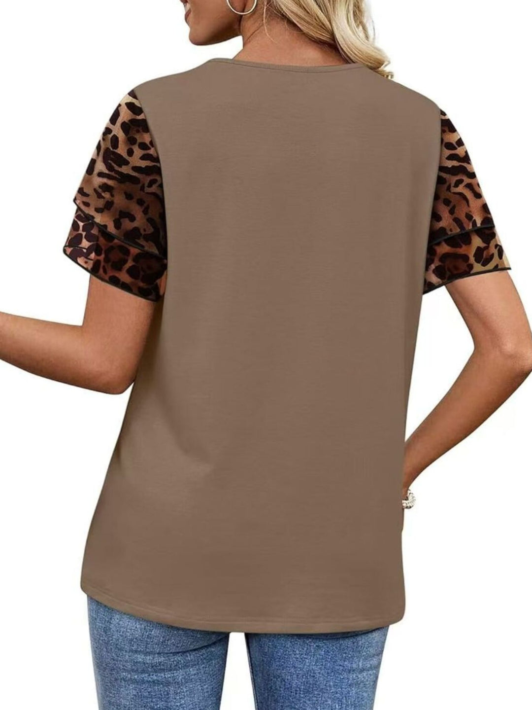 Layered leopard ruffle sleeve round neck top