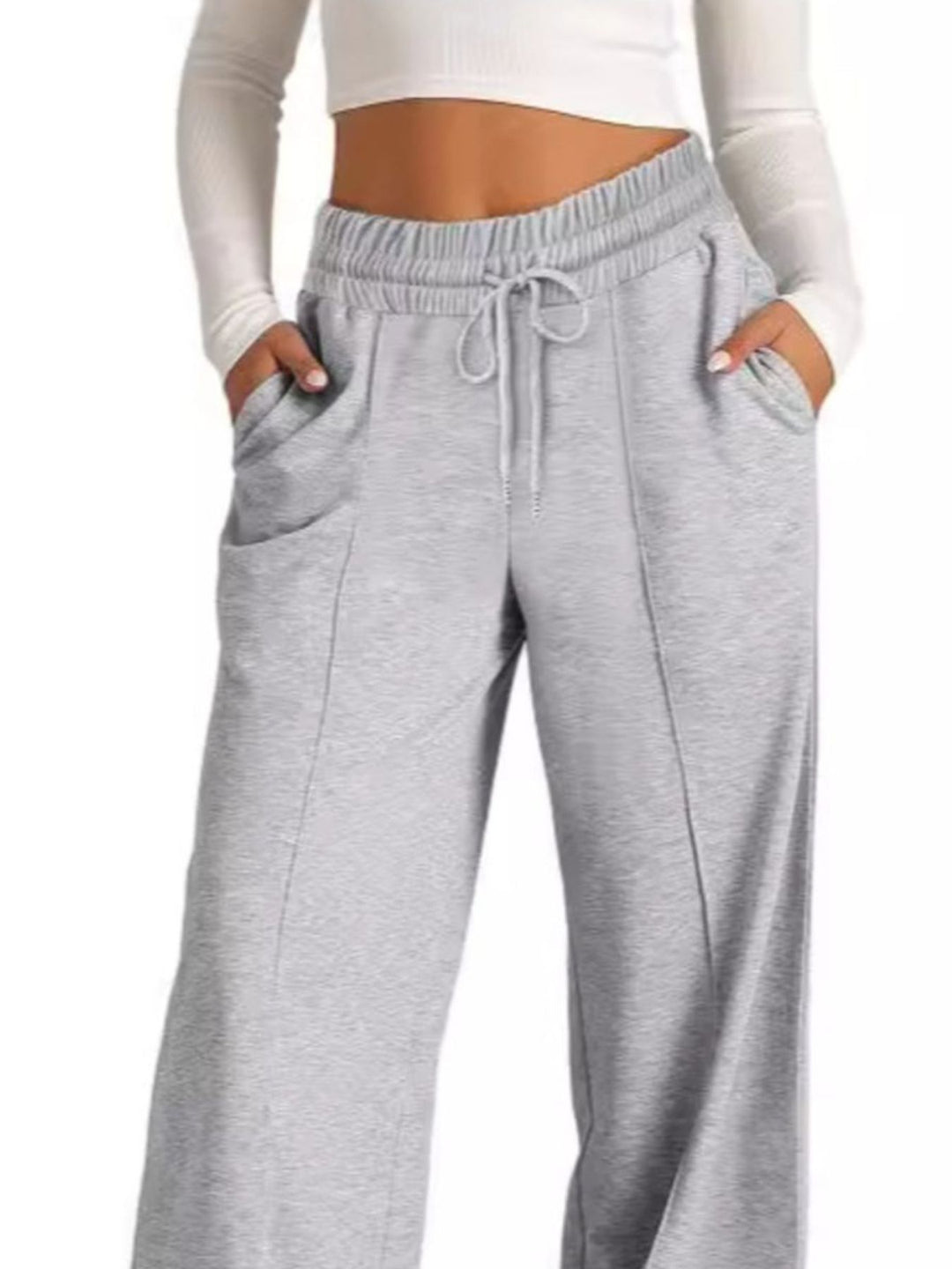 High-rise wide-leg drawstring lounge pants with pockets