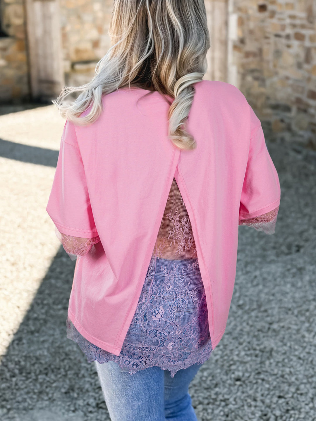 Pink Oversized tee with floral lace back and sleeve trim