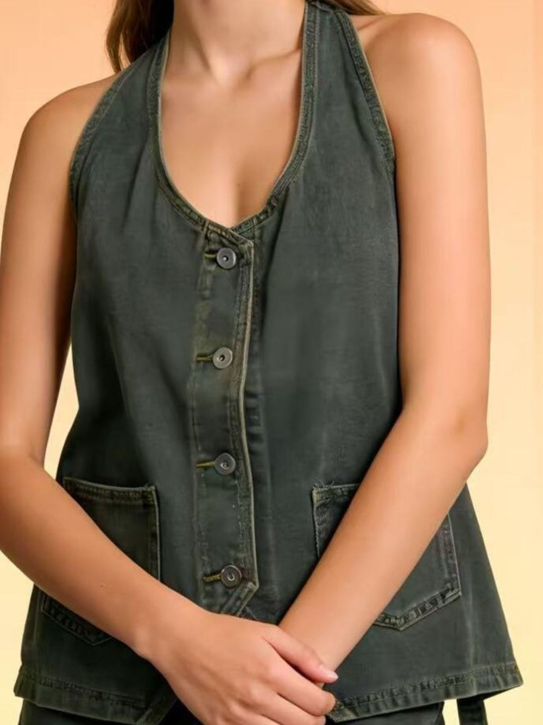 Halter neck button-down denim vest with patch pockets
