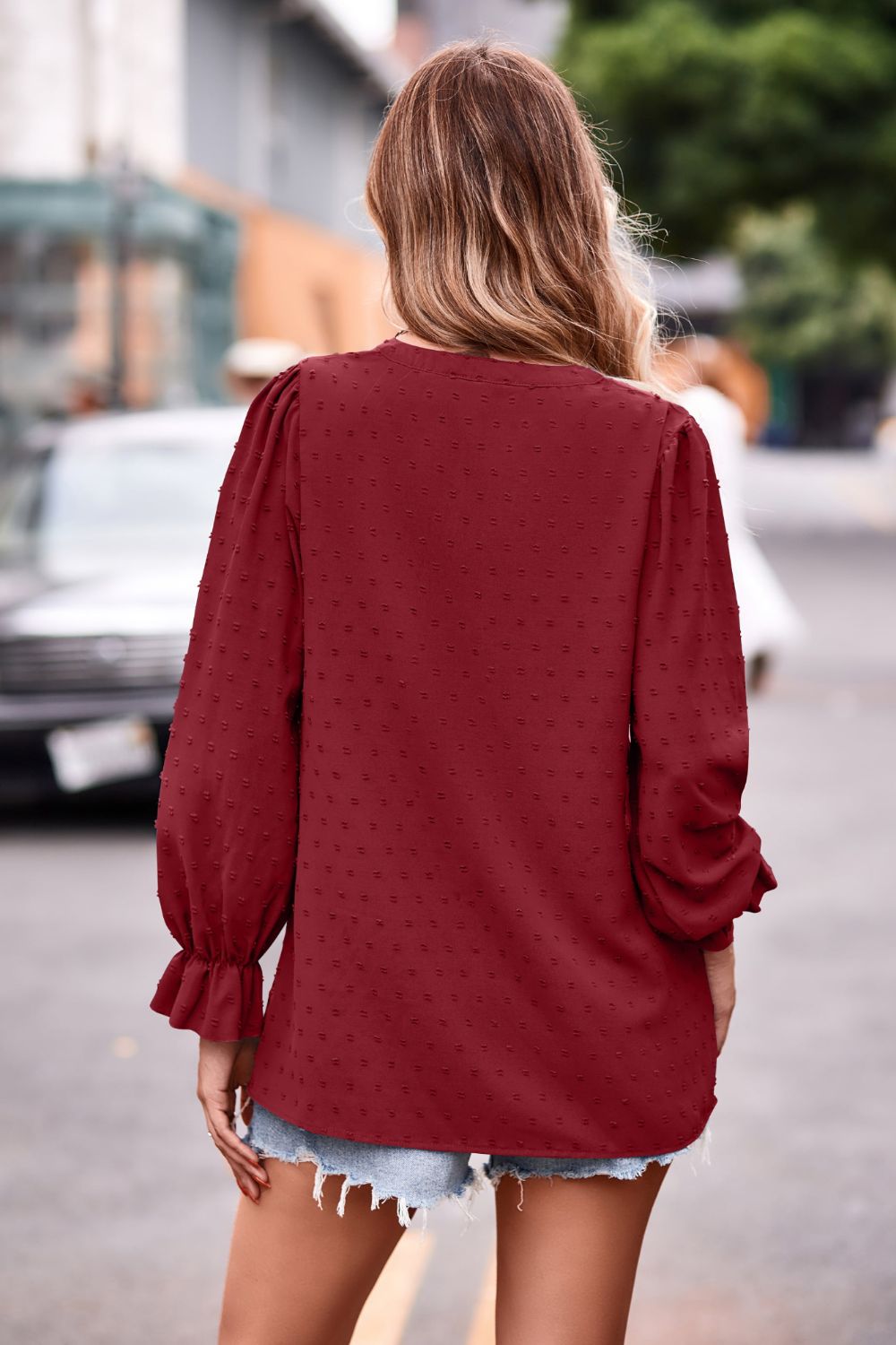 Swiss dot notched neck blouse with flounce sleeves