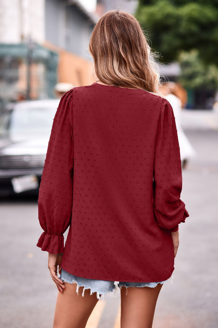 Swiss dot notched neck blouse with flounce sleeves