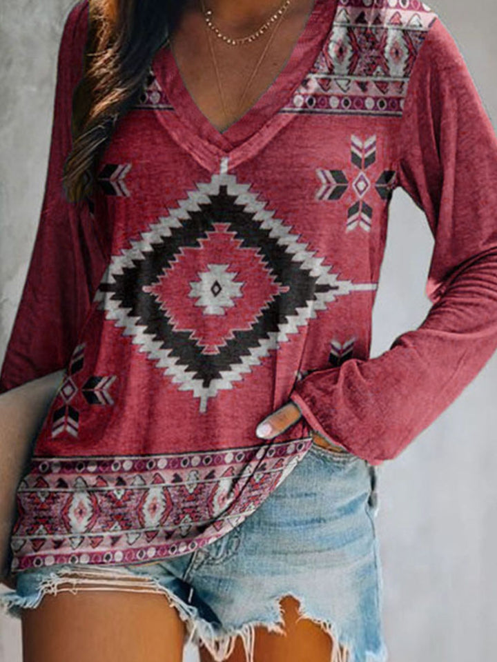 Aztec geometric print v-neck long sleeve top