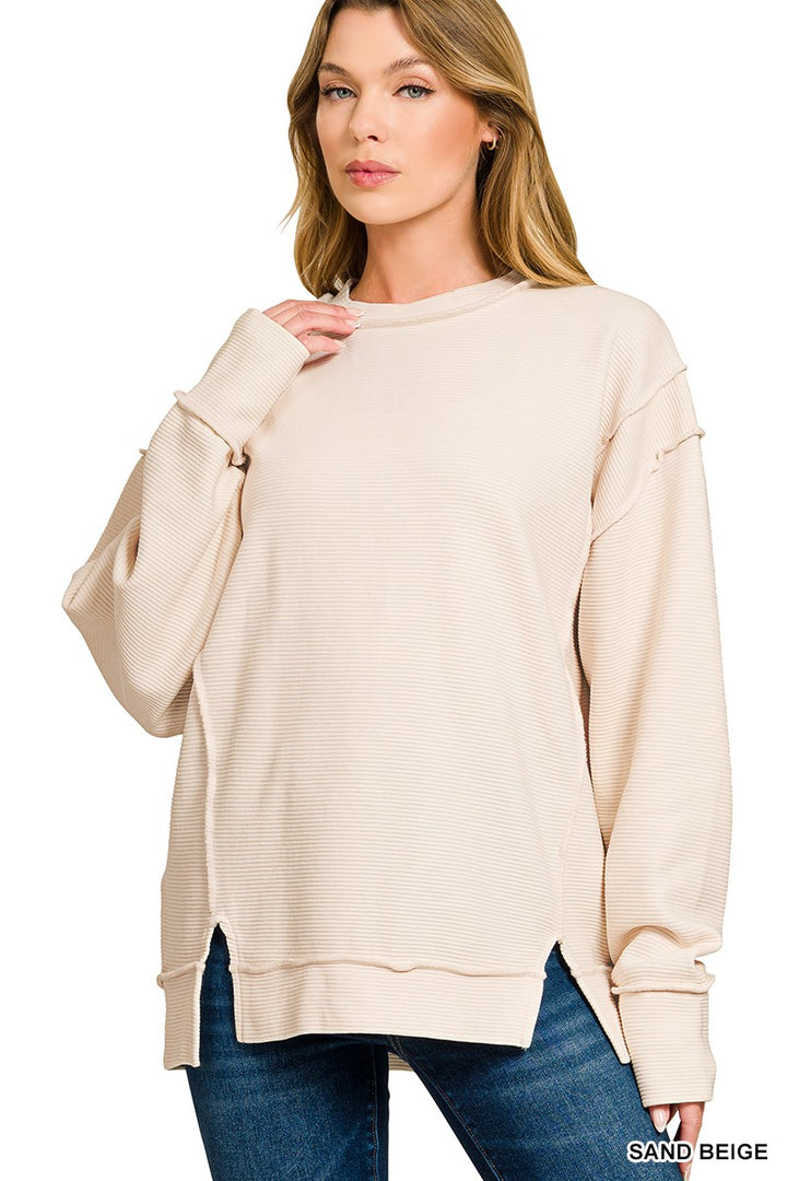 SAND BEIGE Ribbed exposed-seam pullover sweatshirt with side slits