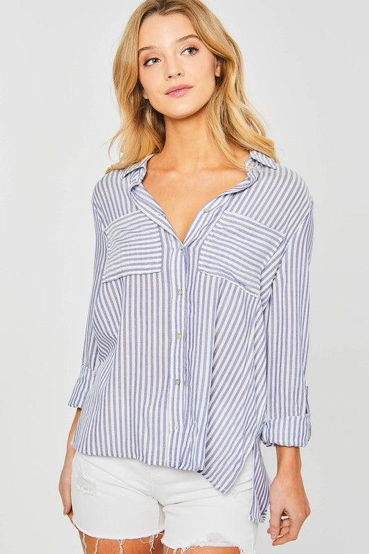 Striped Roll Up Sleeve Button Down Blouse Shirts - Azoroh