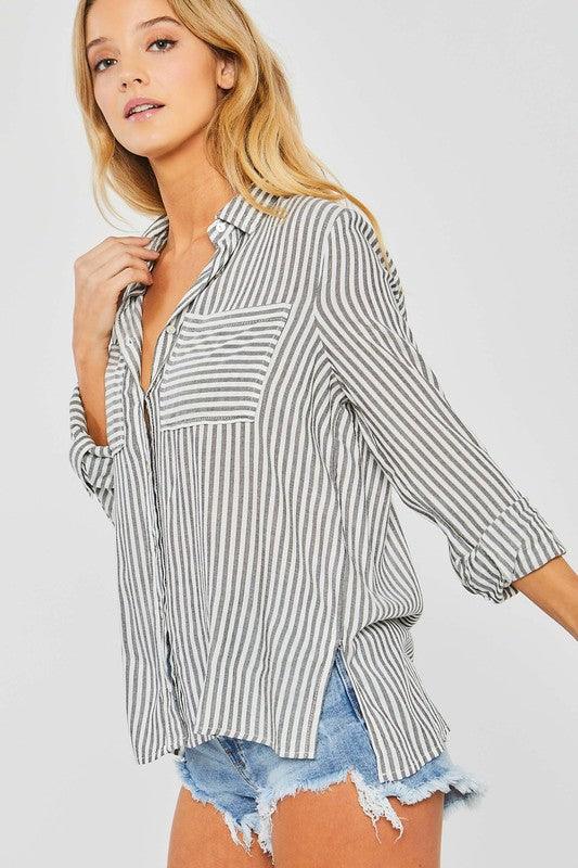 Striped Roll Up Sleeve Button Down Blouse Shirts - Azoroh