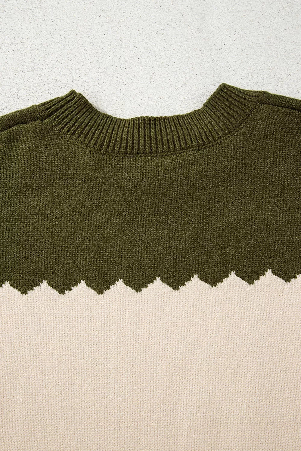 Colorblock drop shoulder crew neck sweater with zigzag trim