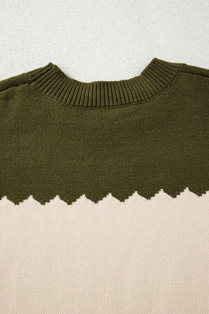 Colorblock drop shoulder crew neck sweater with zigzag trim