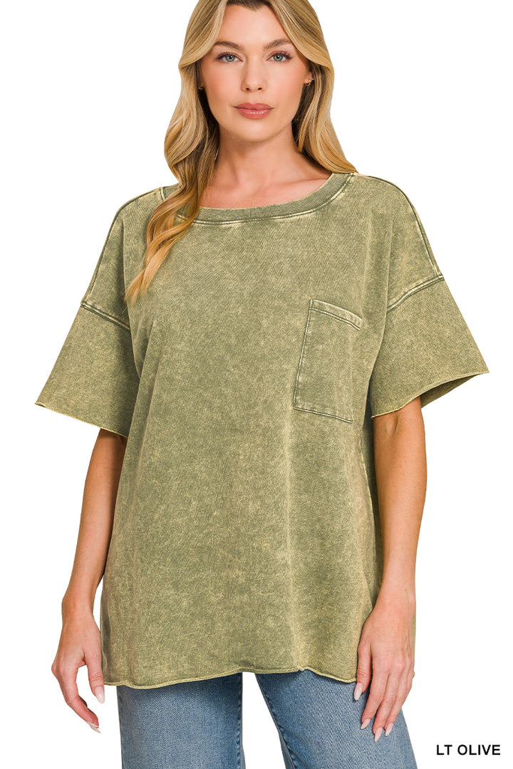 LT OLIVE Washed french terry drop-shoulder pocket top