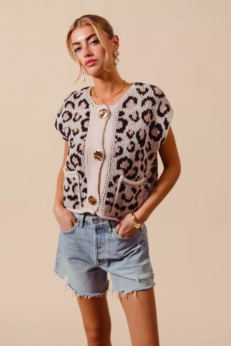 Leopard knit button-front sweater vest with gold buttons