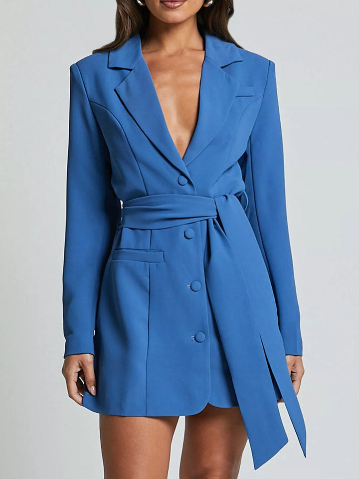 Tie-waist blazer dress with notch lapel and side slit