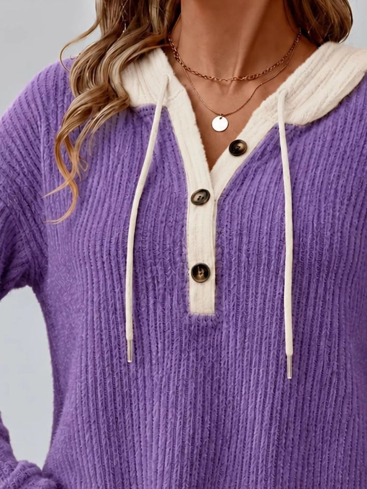 Ribbed knit drawstring hoodie with button henley placket