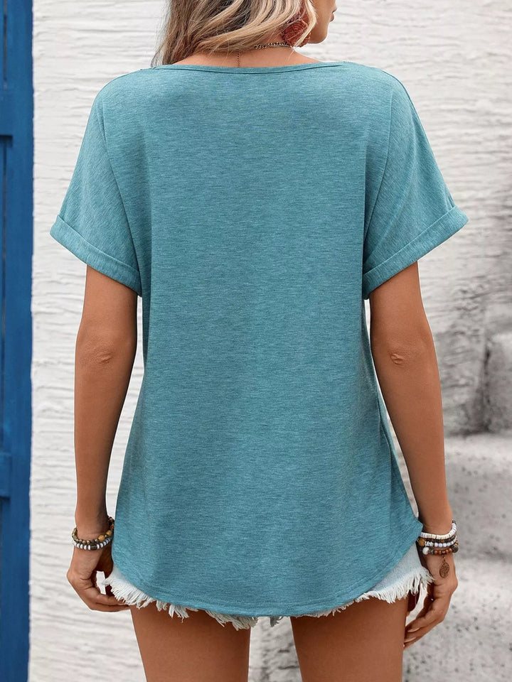 Lace-trim V-neck short sleeve top with rolled cuffs